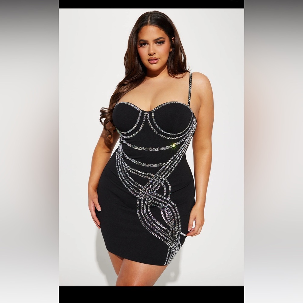 Fashion Nova • Black w/ Rhinestone • So Tempting Embellished Mini Dress • Sz XL